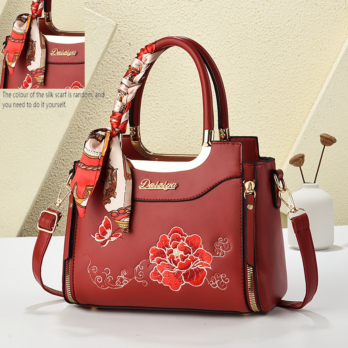 Women Colorful Handbag with Random Scarf Color Embroidered