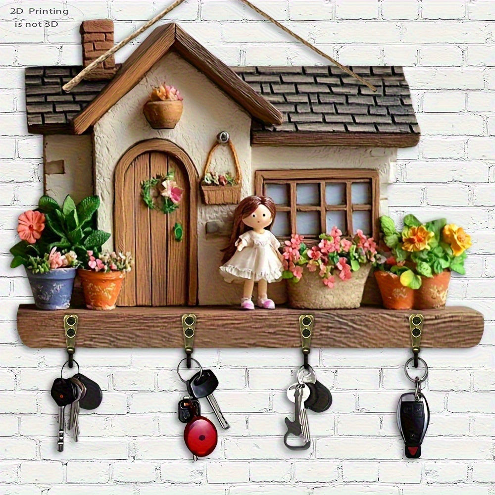 2D Flat, Wall Hanging Cute Wooden Multifunctional Key Holder in The Shape of a Villa