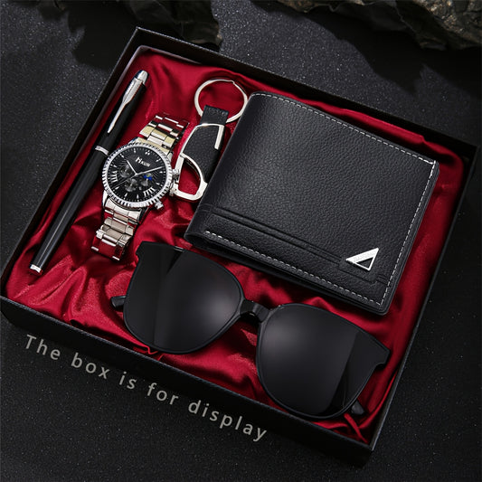5pcs Stylish Business Casual Men's Quartz Watch Set with Wallet, Glasses, Keychain & Pen