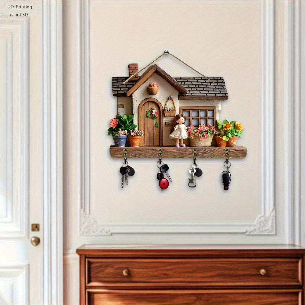 2D Flat, Wall Hanging Cute Wooden Multifunctional Key Holder in The Shape of a Villa