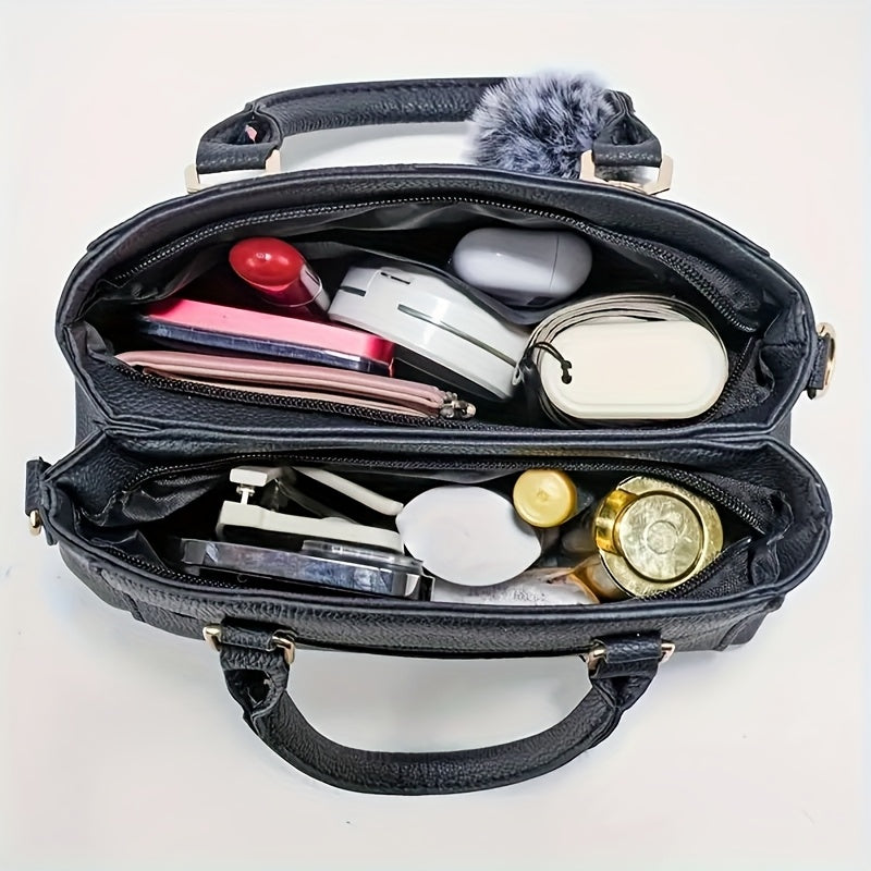 Elegant Black Women'S Handbag with Fluffy Pom-Pom Charm