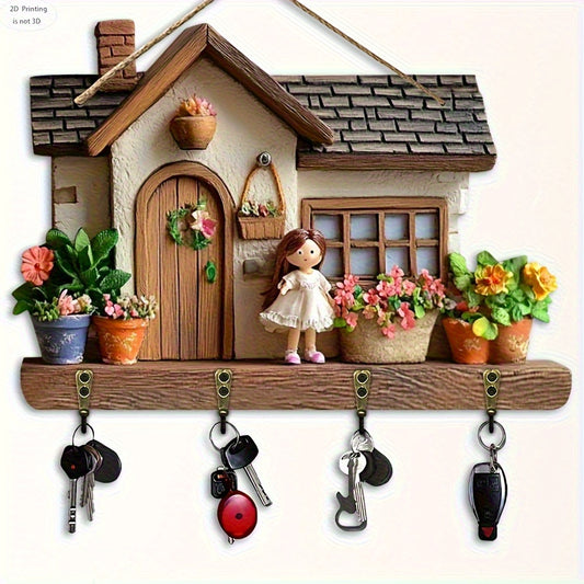 2D Flat, Wall Hanging Cute Wooden Multifunctional Key Holder in The Shape of a Villa