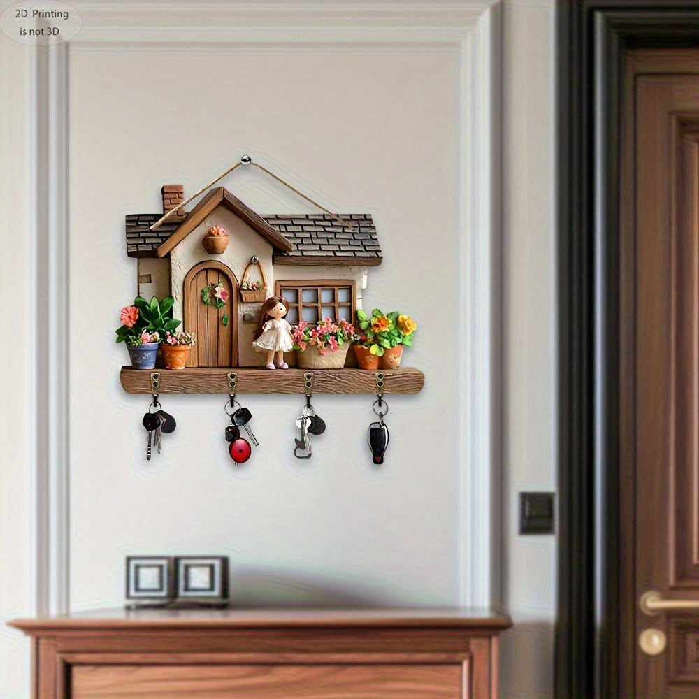 2D Flat, Wall Hanging Cute Wooden Multifunctional Key Holder in The Shape of a Villa