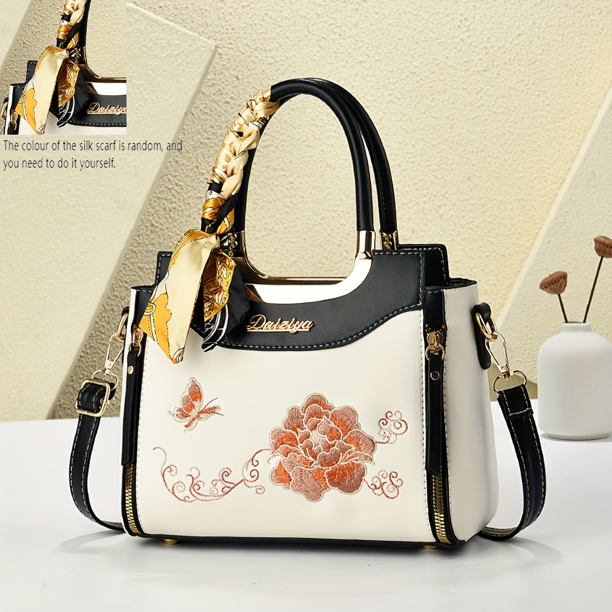 Women Colorful Handbag with Random Scarf Color Embroidered