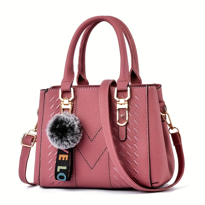 Elegant Black Women'S Handbag with Fluffy Pom-Pom Charm