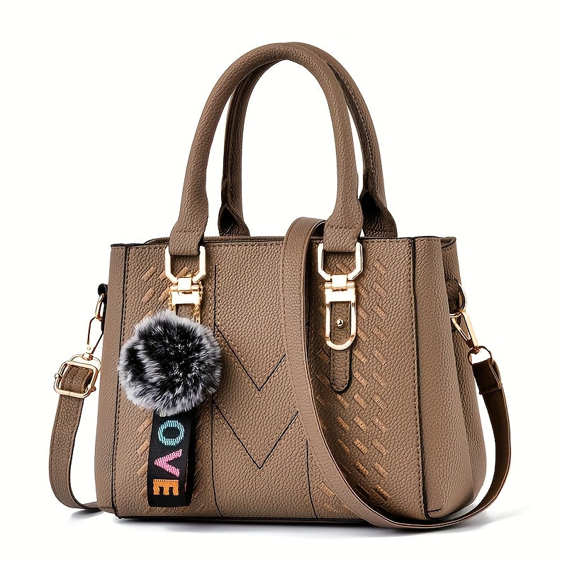 Elegant Black Women'S Handbag with Fluffy Pom-Pom Charm