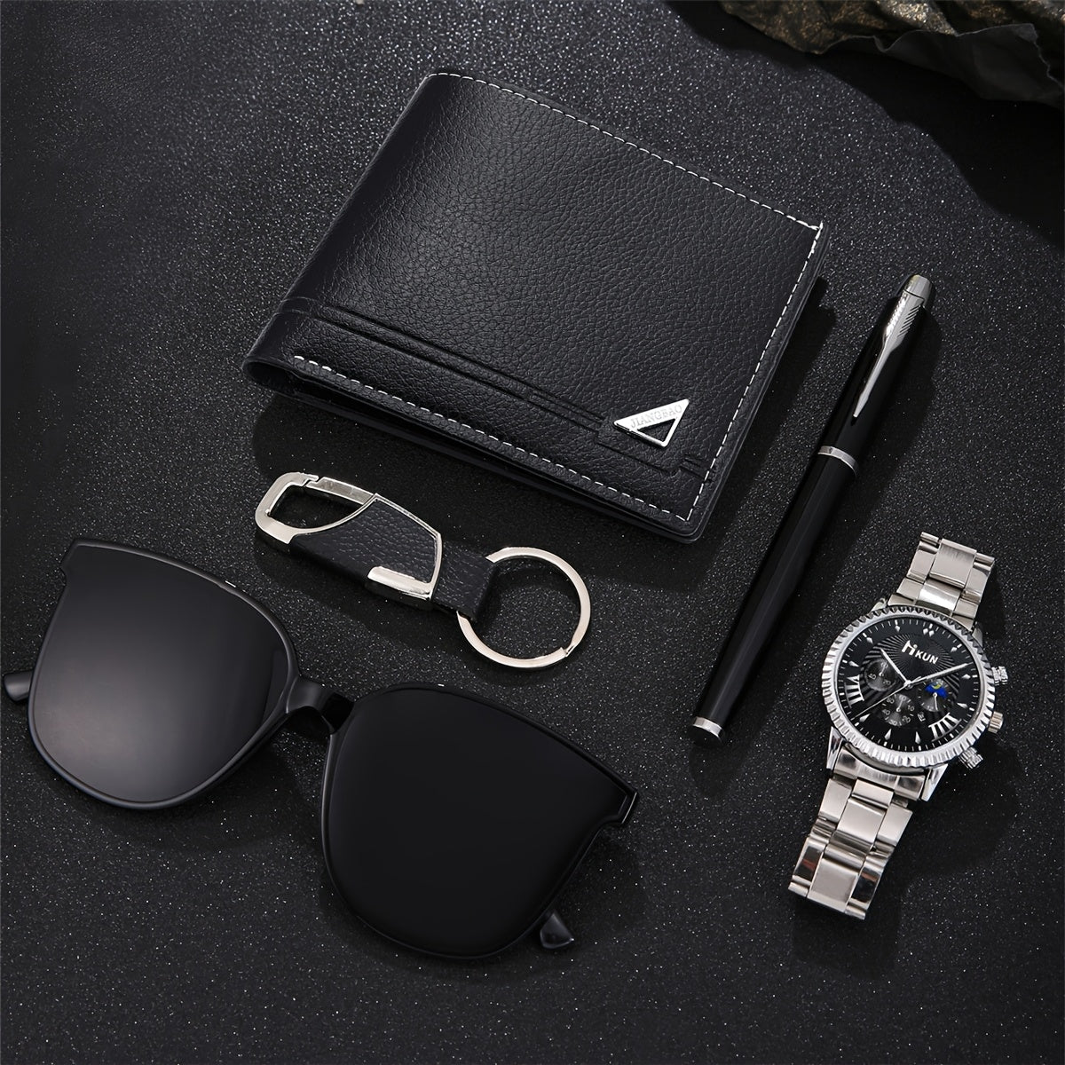 5pcs Stylish Business Casual Men's Quartz Watch Set with Wallet, Glasses, Keychain & Pen
