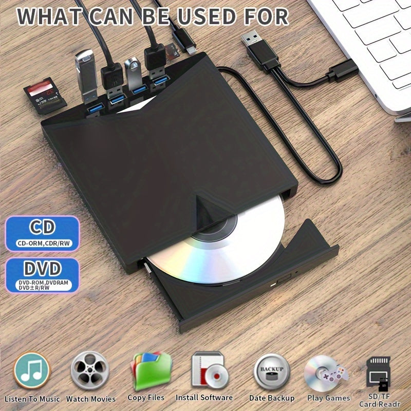 7-in-1 Multifunctional External Player/Reader/Writer Drive CD/DVD USB-C Portable