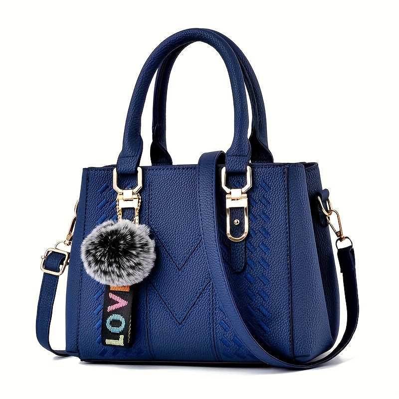 Elegant Black Women'S Handbag with Fluffy Pom-Pom Charm