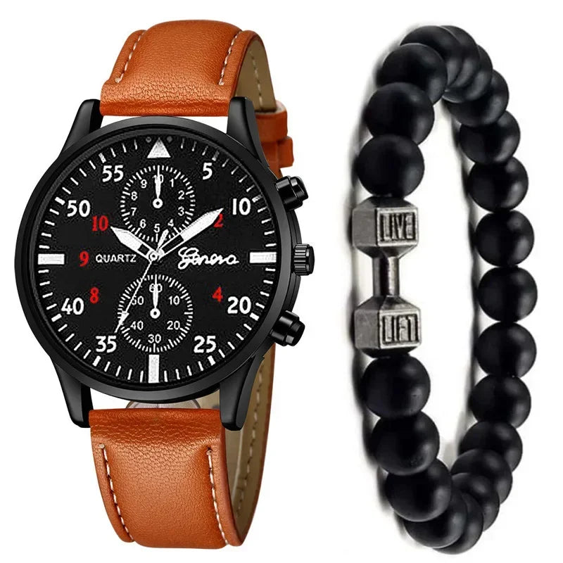 2PCS/Set Men Business Watches Fashion Arabic Dial Leather Band Mens Quartz Watch Bracelet Set Relogio Masculino