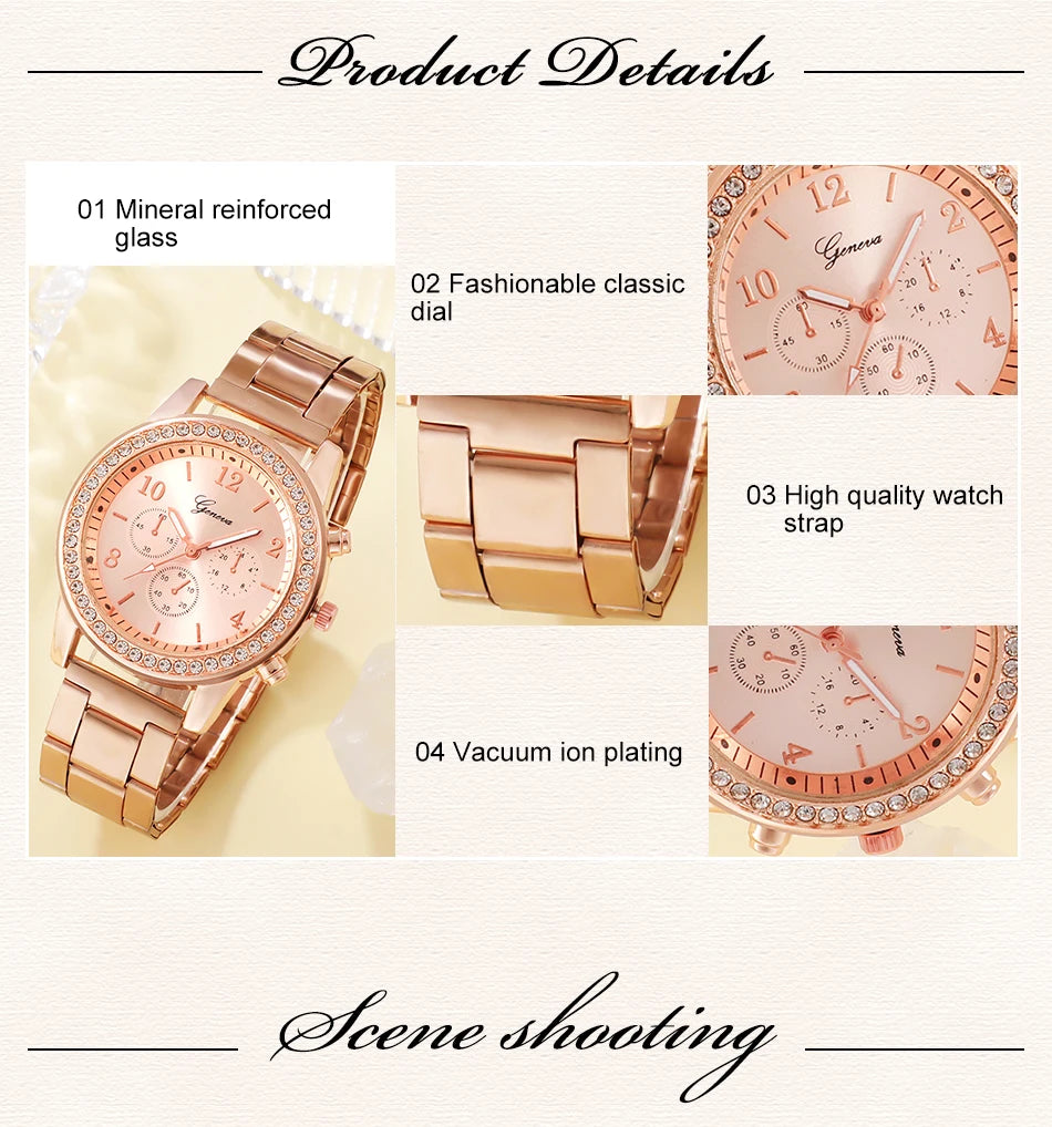 6PCS Set Rose Gold Luxury Watch Women Ring Necklace Earring Wristwatch Casual Ladies Bracelet