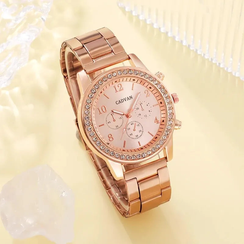 6PCS Set Rose Gold Luxury Watch Women Ring Necklace Earring Wristwatch Casual Ladies Bracelet