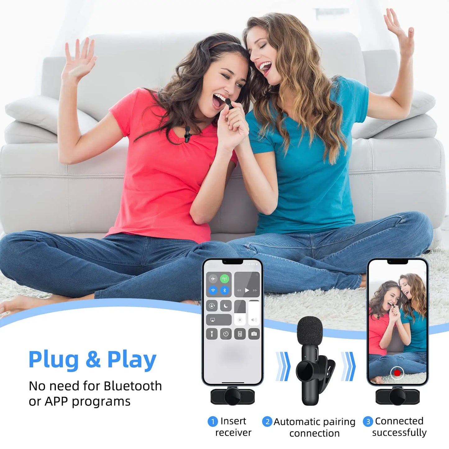 2.4G Wireless Lavalier Microphone Noise Cancelling Audio Video Recording for IPhone/iPad