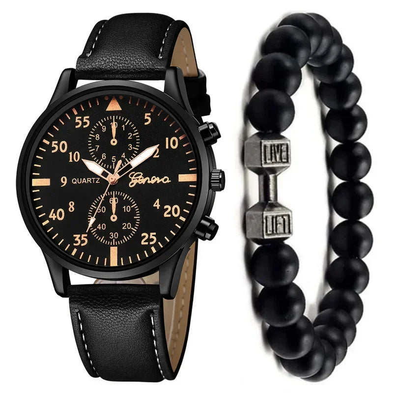 2PCS/Set Men Business Watches Fashion Arabic Dial Leather Band Mens Quartz Watch Bracelet Set Relogio Masculino