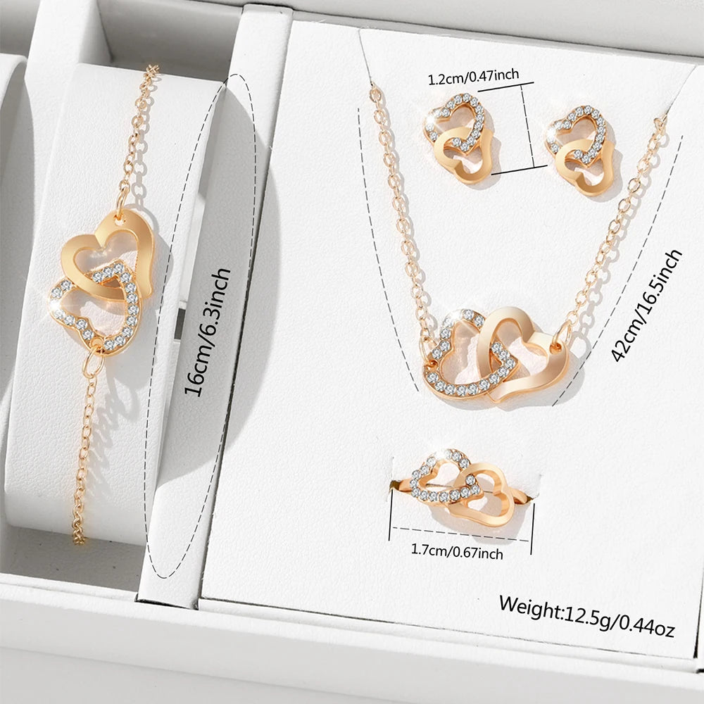 5 Piece Set Fashionable Elegant Gold Rhinestone Heart Shaped Jewelry Earrings Necklaces Bracelets Ring
