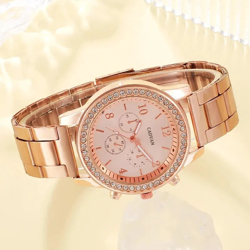 6PCS Set Rose Gold Luxury Watch Women Ring Necklace Earring Wristwatch Casual Ladies Bracelet