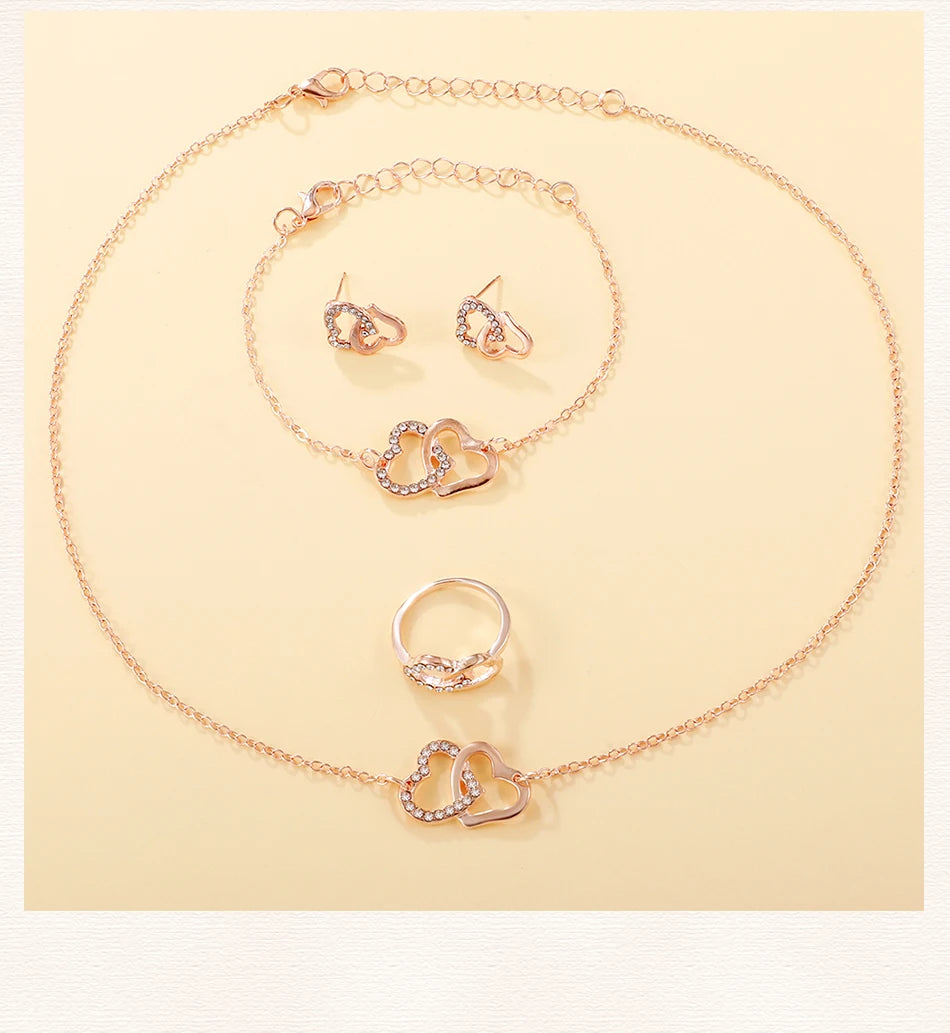 6PCS Set Rose Gold Luxury Watch Women Ring Necklace Earring Wristwatch Casual Ladies Bracelet