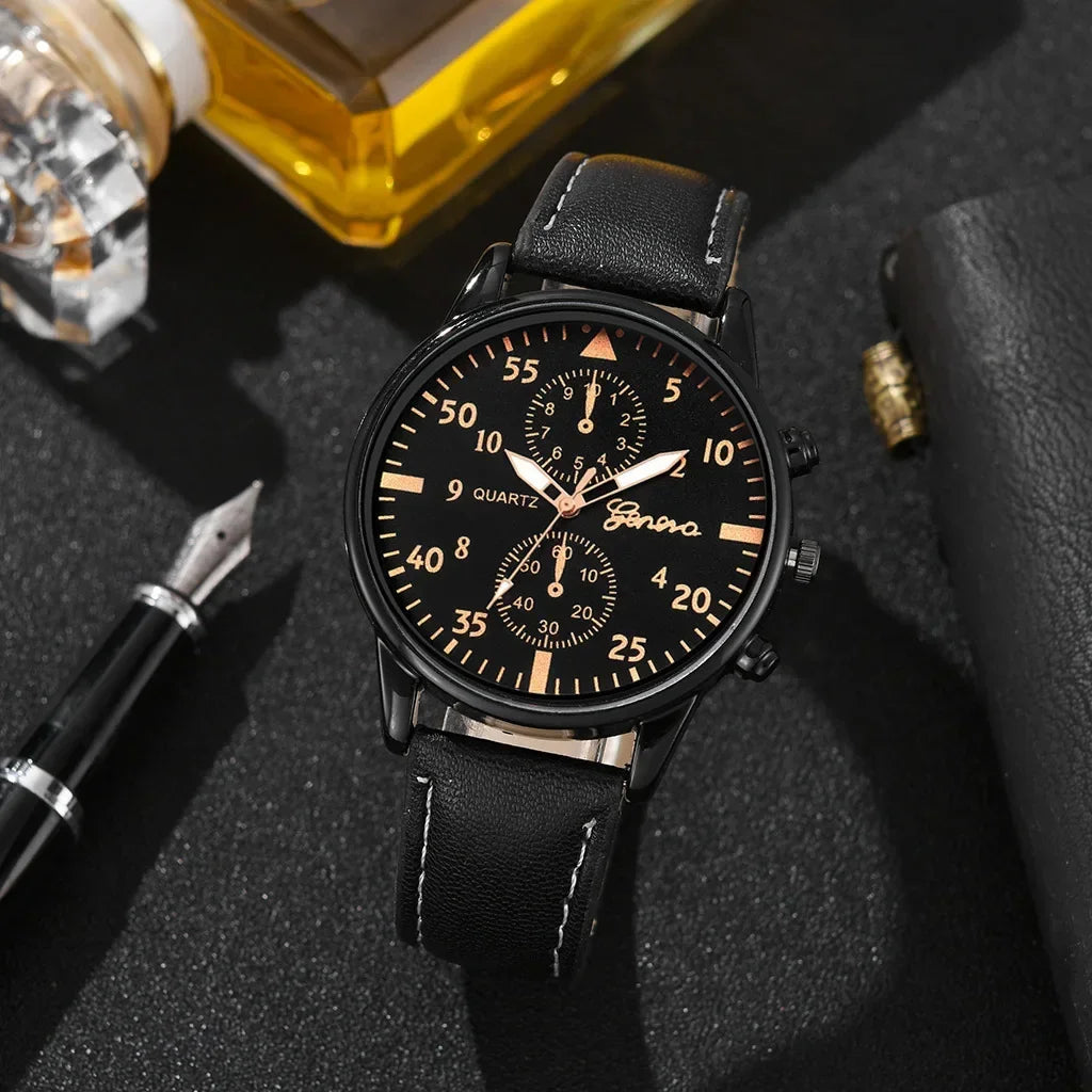 2PCS/Set Men Business Watches Fashion Arabic Dial Leather Band Mens Quartz Watch Bracelet Set Relogio Masculino
