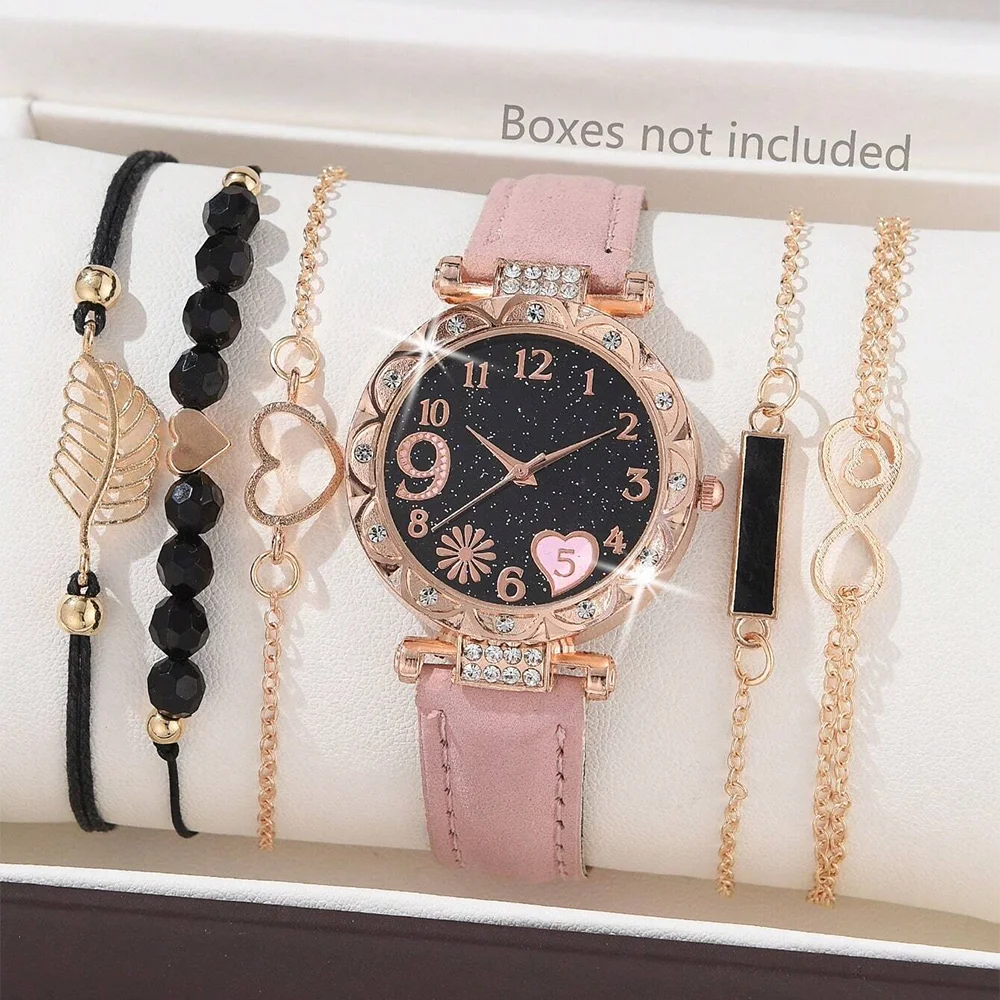 6PCS Set Watch For Women Luxury Leather Analog Ladies Quartz Wrist Watch/ Bracelet Watch