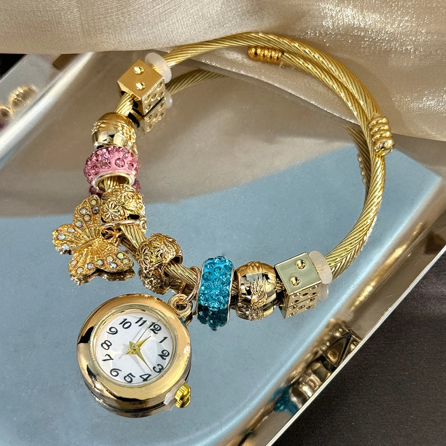 Gold Bracelet Watch Cross-border Adjustable  Beaded Small flower bracelet Watch