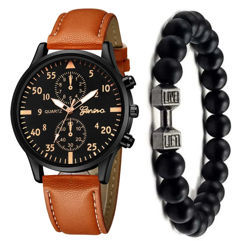2PCS/Set Men Business Watches Fashion Arabic Dial Leather Band Mens Quartz Watch Bracelet Set Relogio Masculino
