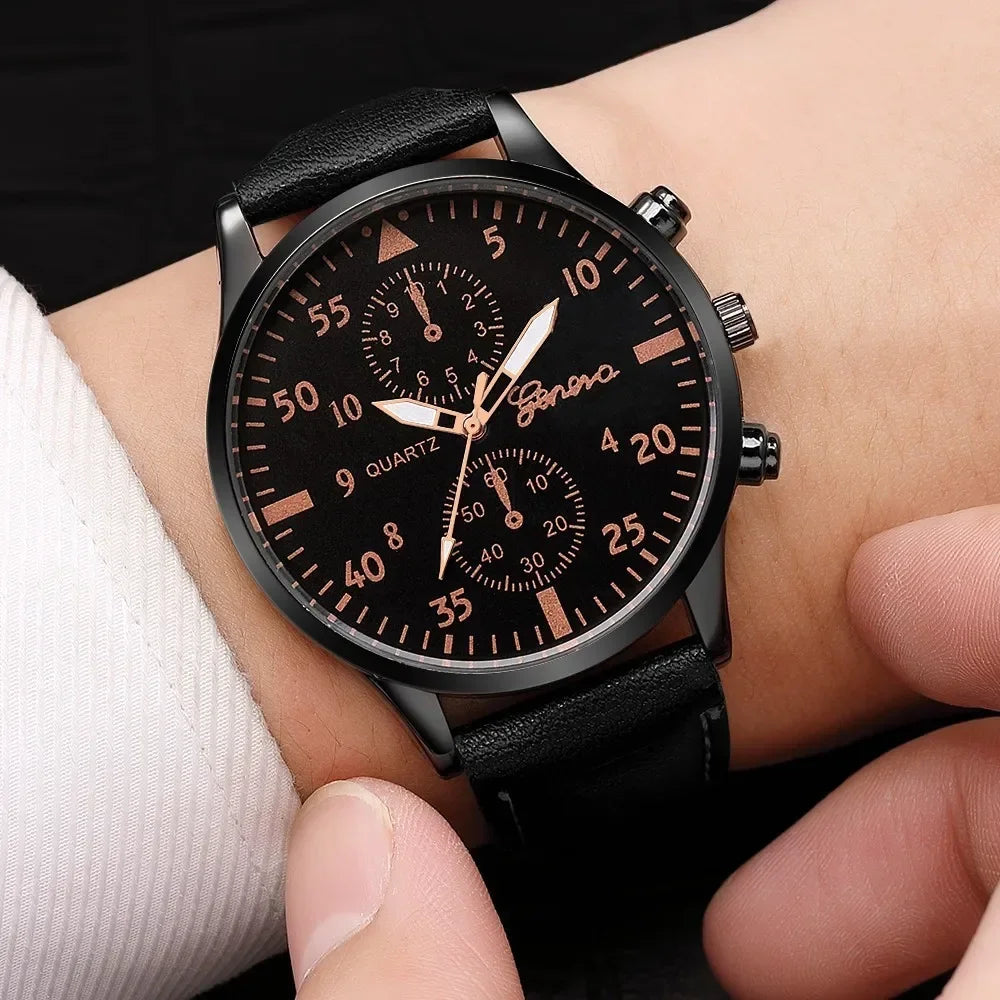 2PCS/Set Men Business Watches Fashion Arabic Dial Leather Band Mens Quartz Watch Bracelet Set Relogio Masculino