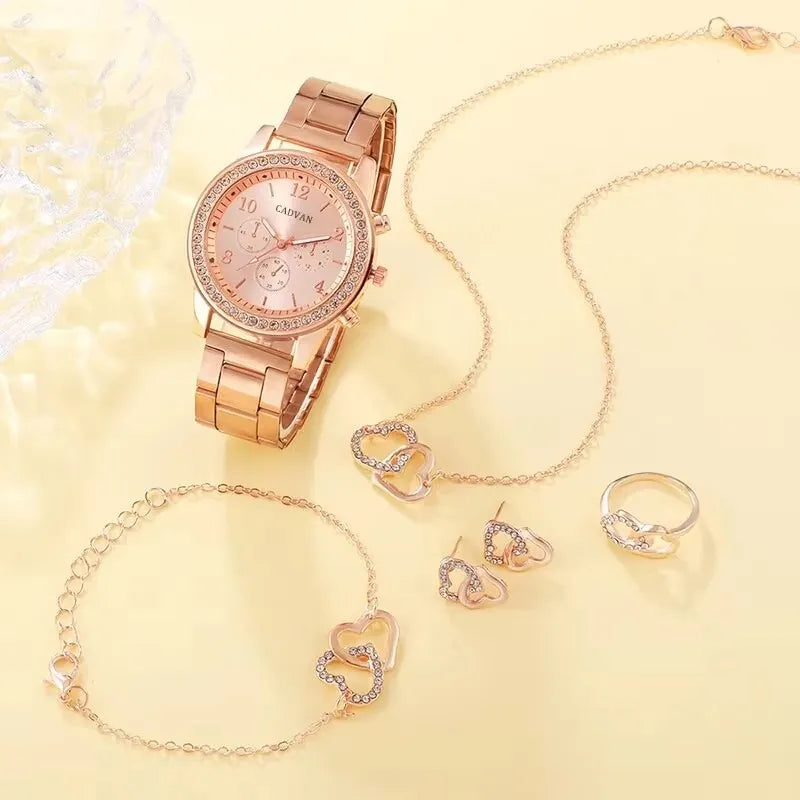 6PCS Set Rose Gold Luxury Watch Women Ring Necklace Earring Wristwatch Casual Ladies Bracelet