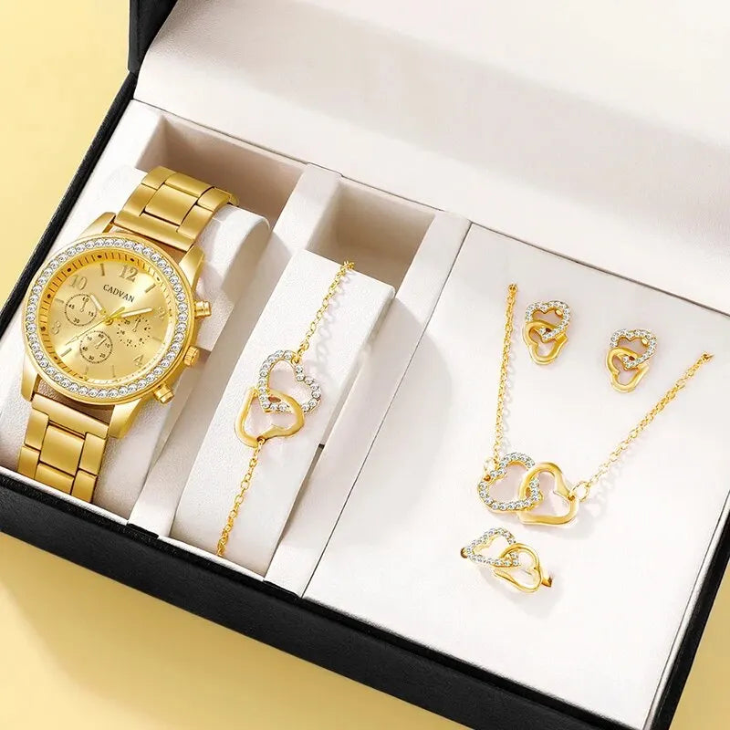 6PCS Set Rose Gold Luxury Watch Women Ring Necklace Earring Wristwatch Casual Ladies Bracelet