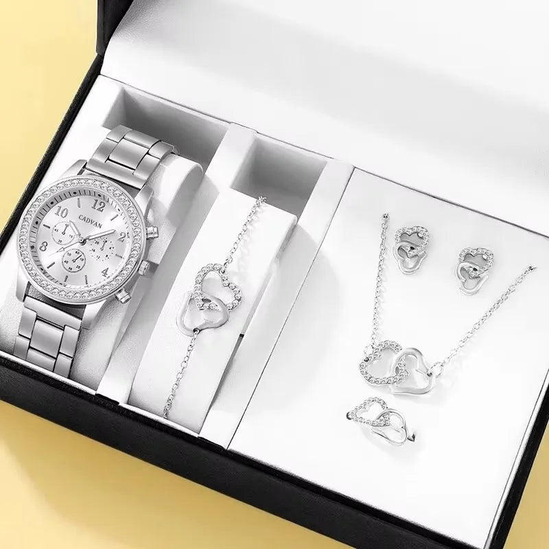 6PCS Set Rose Gold Luxury Watch Women Ring Necklace Earring Wristwatch Casual Ladies Bracelet