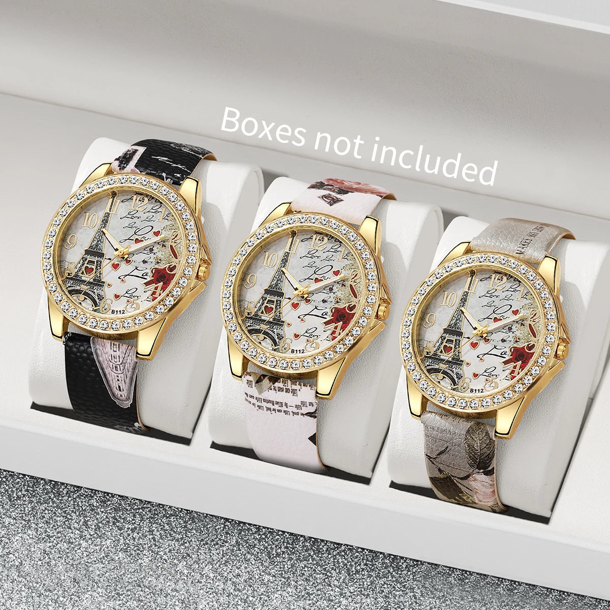 3/4/5PCS Fashion Rhinestone Women's Watch Flowers Printed Leather Quartz Watches
