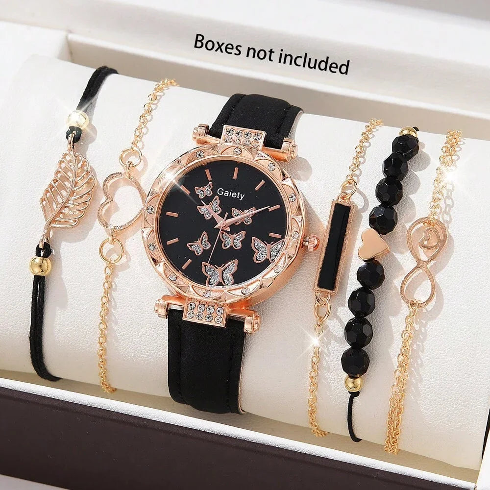 6PCS Set Watch For Women Luxury Leather Analog Ladies Quartz Wrist Watch/ Bracelet Watch