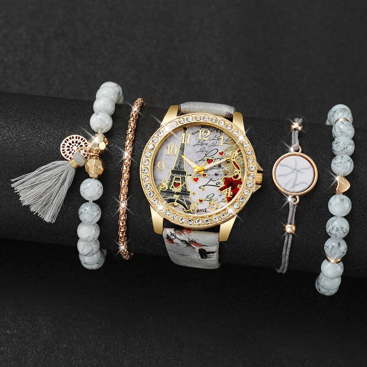 3/4/5PCS Fashion Rhinestone Women's Watch Flowers Printed Leather Quartz Watches