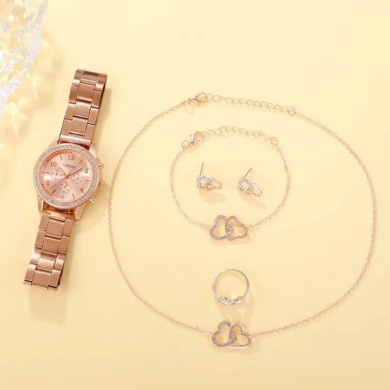 6PCS Set Rose Gold Luxury Watch Women Ring Necklace Earring Wristwatch Casual Ladies Bracelet