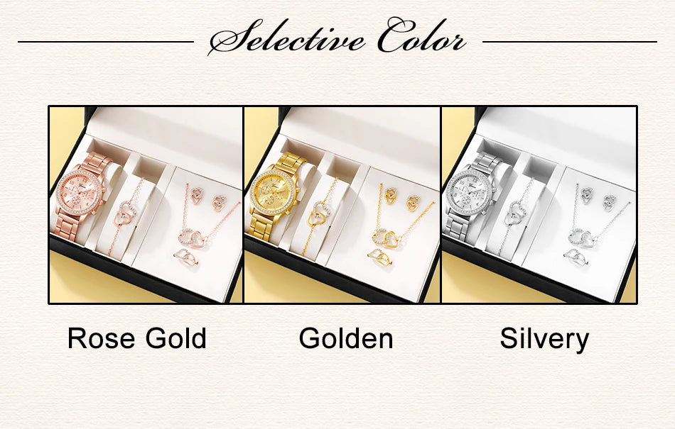 6PCS Set Rose Gold Luxury Watch Women Ring Necklace Earring Wristwatch Casual Ladies Bracelet