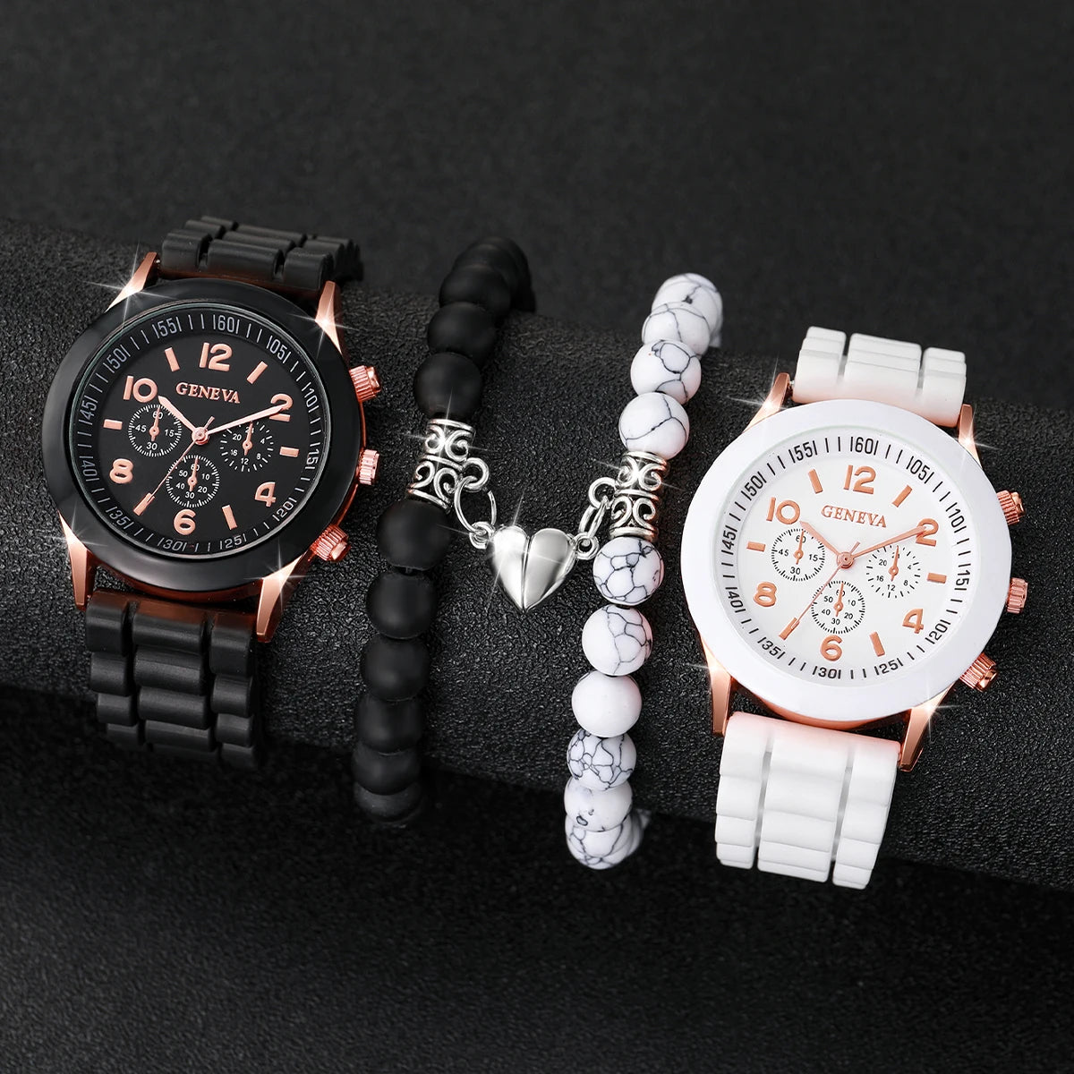 4PCS Couple Watches Fashion Arabic Women Quartz Watch Casual Silicone Band Magnet