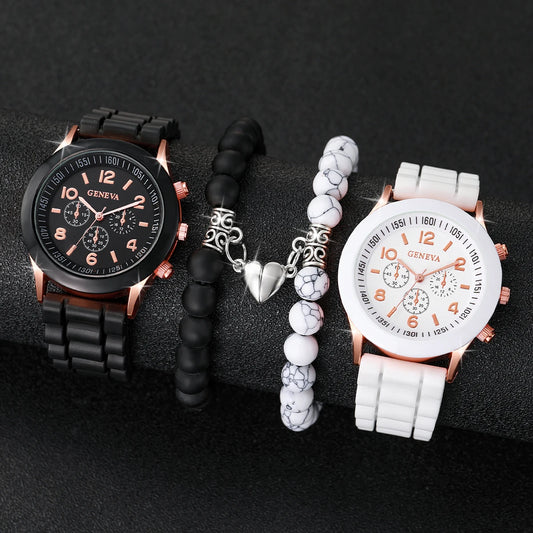 4PCS Couple Watches Fashion Arabic Women Quartz Watch Casual Silicone Band Magnet