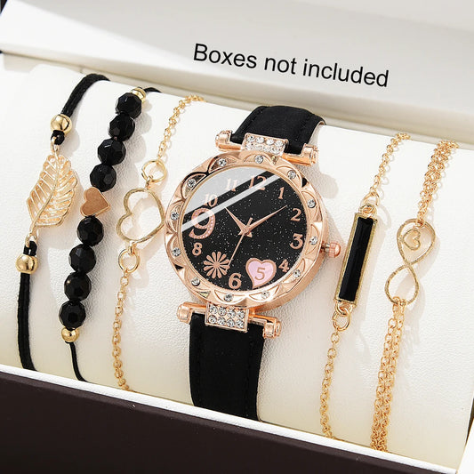 6PCS Set Watch For Women Luxury Leather Analog Ladies Quartz Wrist Watch/ Bracelet Watch