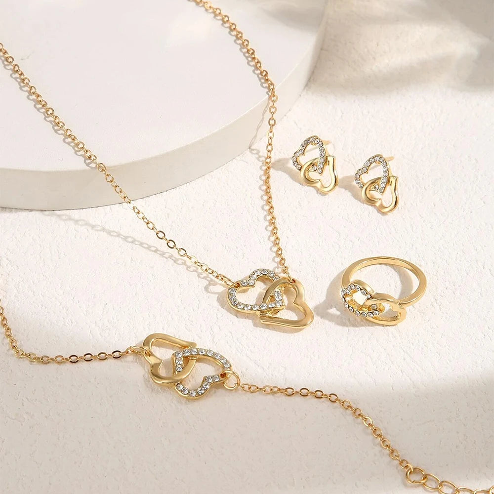 5 Piece Set Fashionable Elegant Gold Rhinestone Heart Shaped Jewelry Earrings Necklaces Bracelets Ring