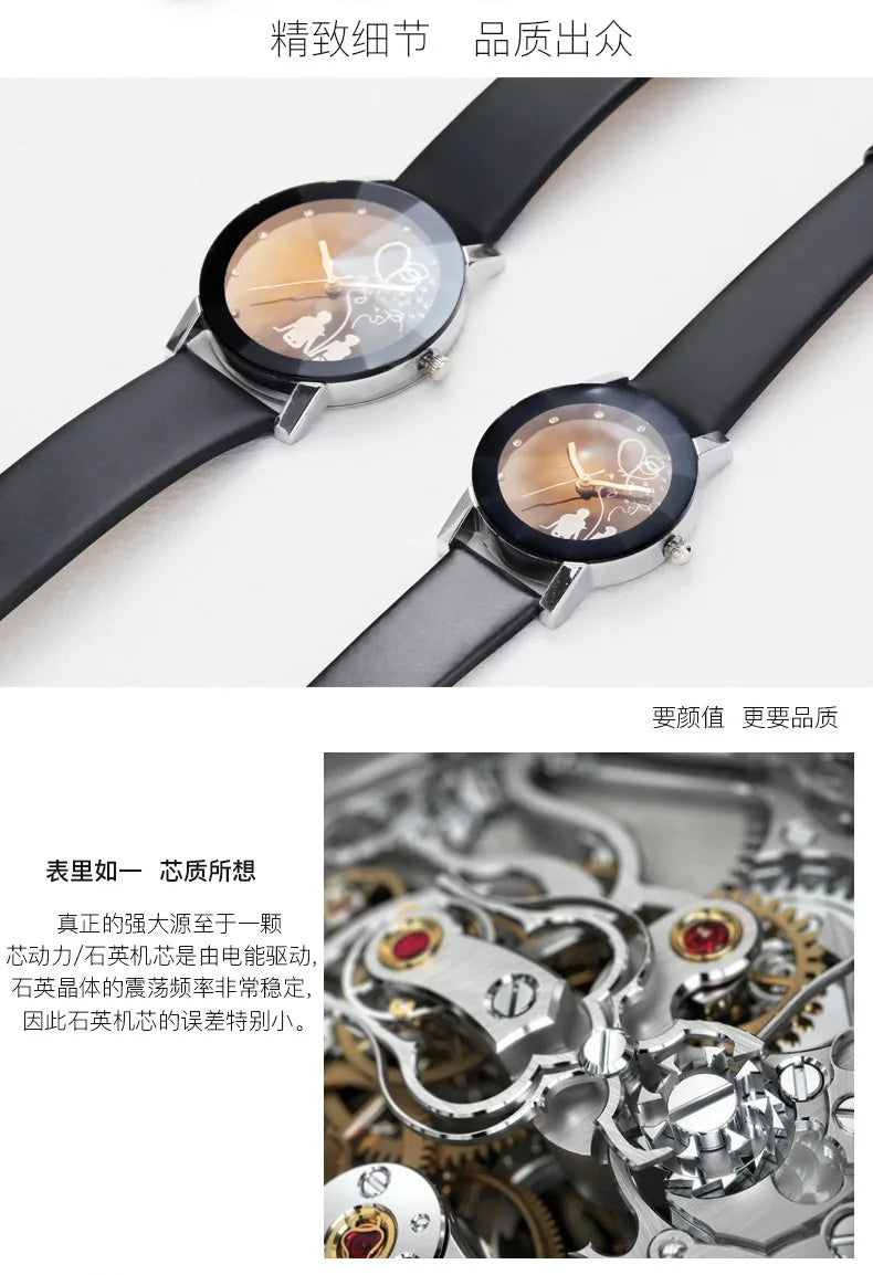 New Fashion Simple Black Dial parejas Back Couple Watch Korean Male Ladies Belt