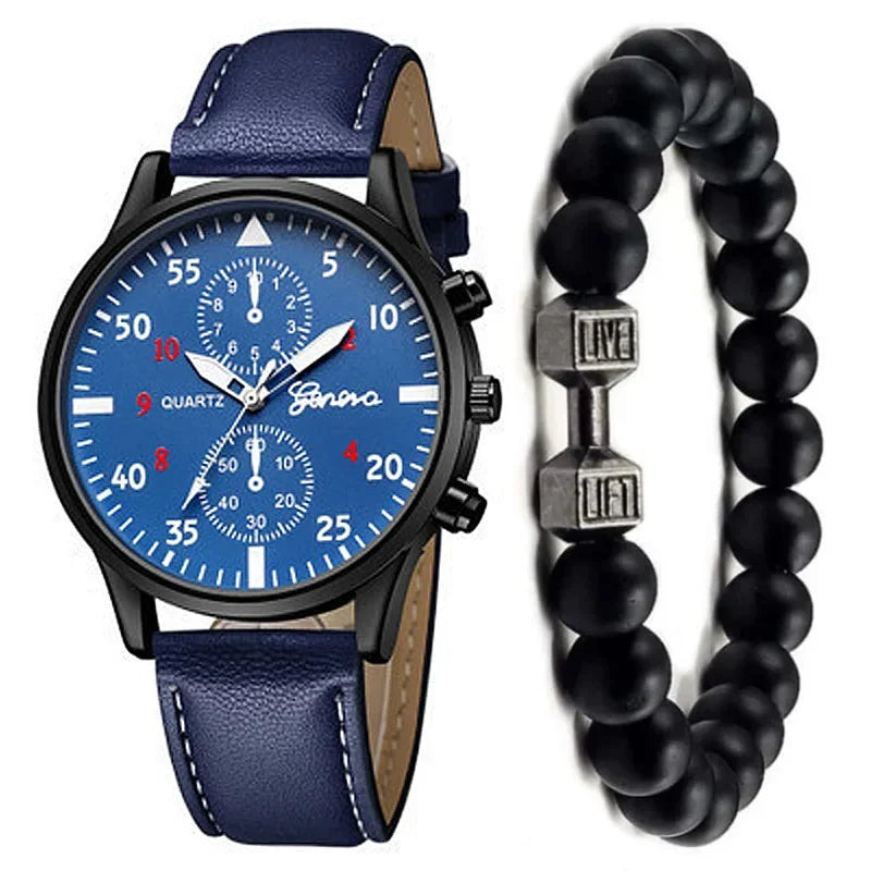 2PCS/Set Men Business Watches Fashion Arabic Dial Leather Band Mens Quartz Watch Bracelet Set Relogio Masculino