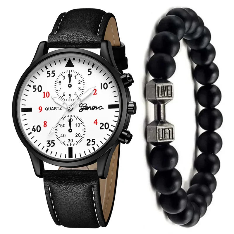 2PCS/Set Men Business Watches Fashion Arabic Dial Leather Band Mens Quartz Watch Bracelet Set Relogio Masculino