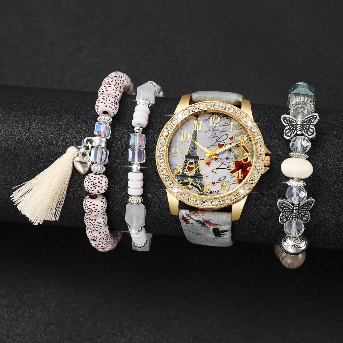 3/4/5PCS Fashion Rhinestone Women's Watch Flowers Printed Leather Quartz Watches