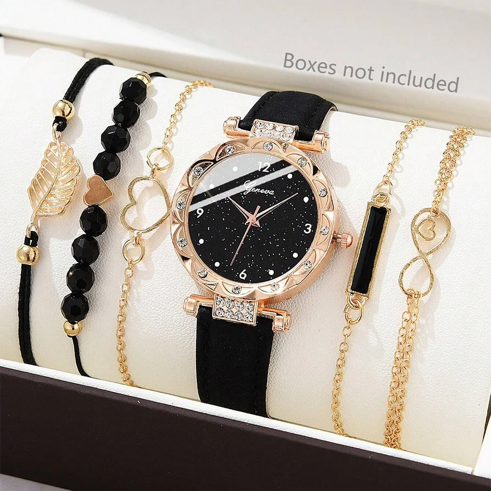 6PCS Set Watch For Women Luxury Leather Analog Ladies Quartz Wrist Watch/ Bracelet Watch