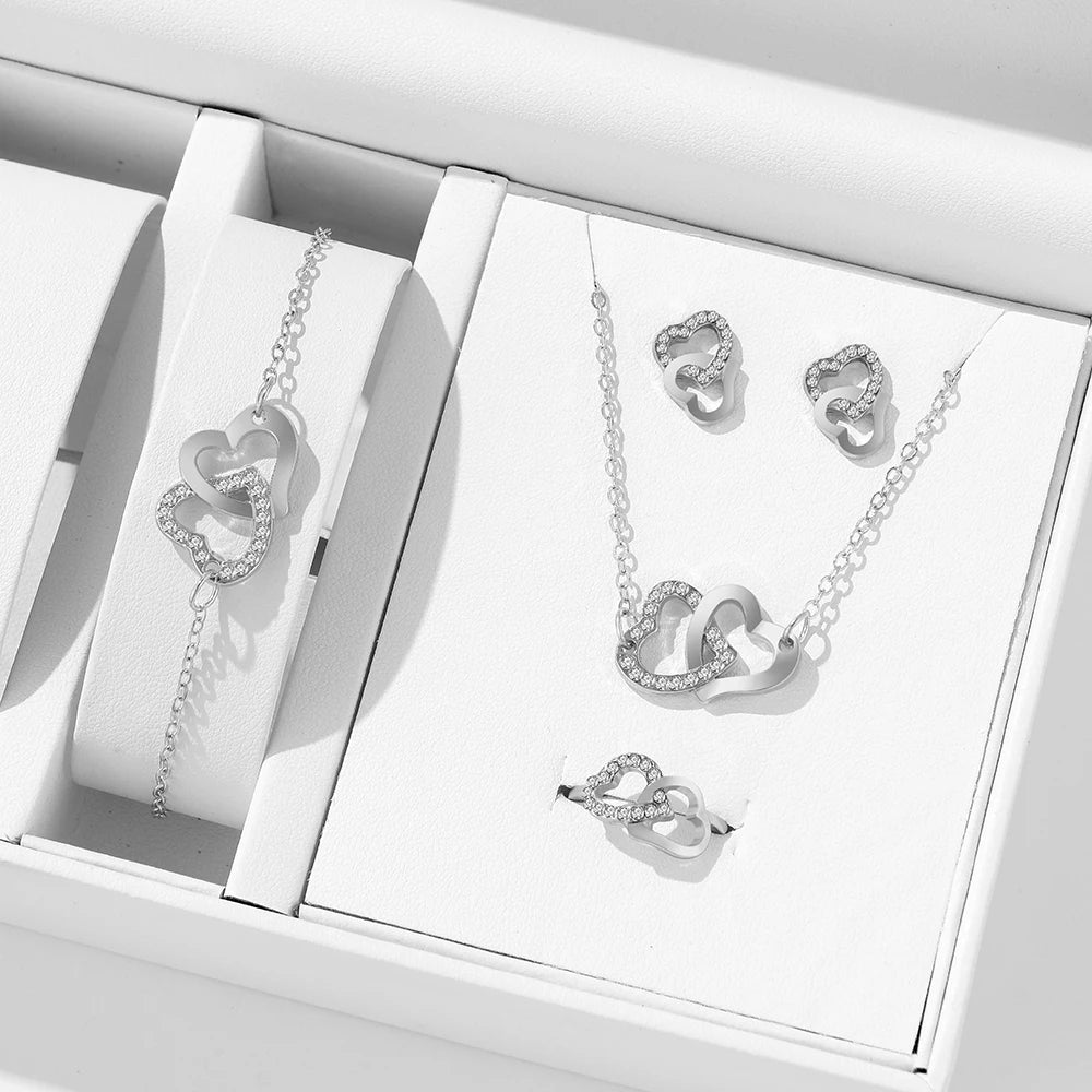 5 Piece Set Fashionable Elegant Gold Rhinestone Heart Shaped Jewelry Earrings Necklaces Bracelets Ring
