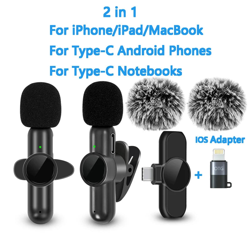 2.4G Wireless Lavalier Microphone Noise Cancelling Audio Video Recording for IPhone/iPad