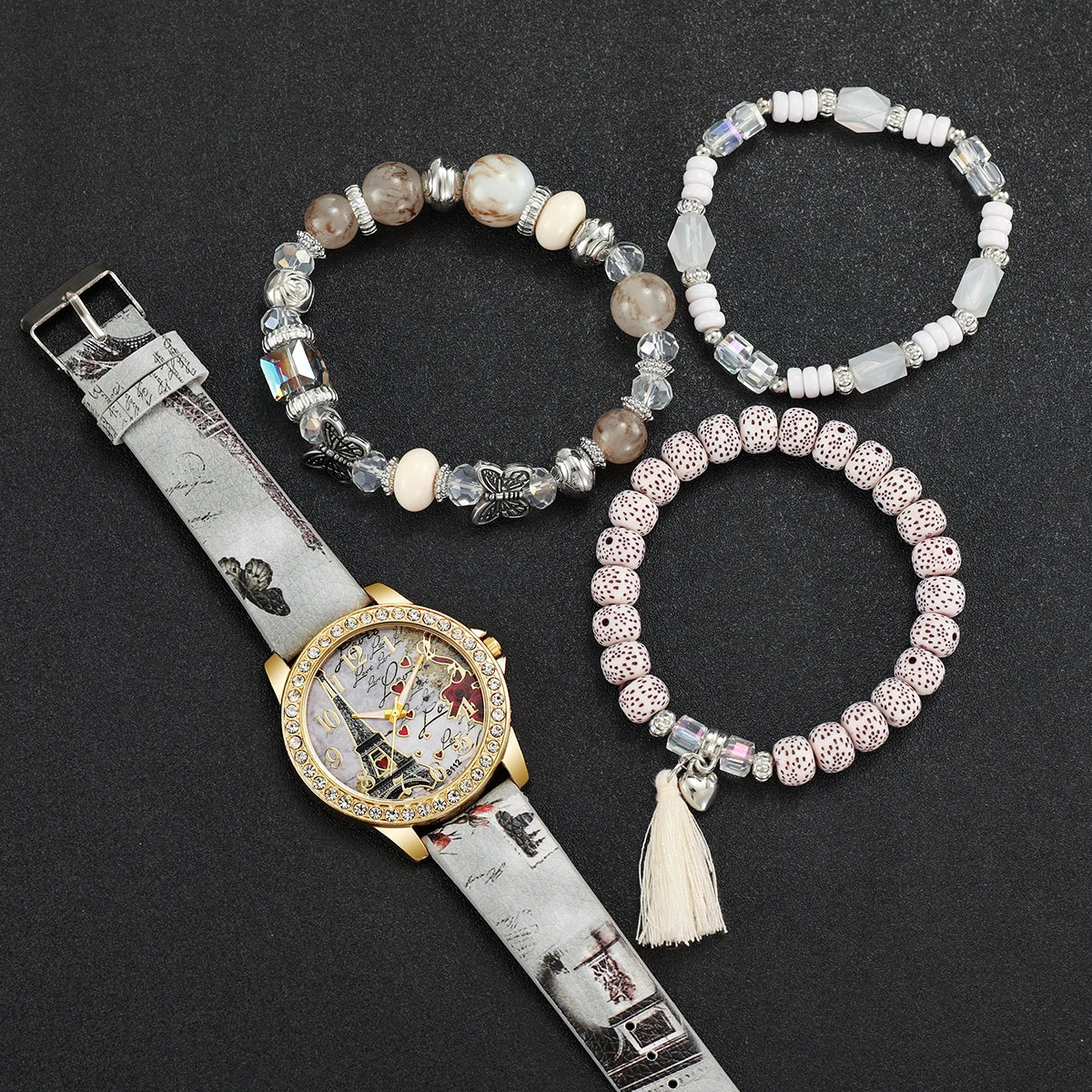 3/4/5PCS Fashion Rhinestone Women's Watch Flowers Printed Leather Quartz Watches