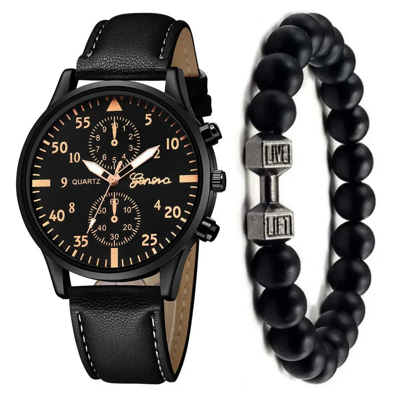 2PCS/Set Men Business Watches Fashion Arabic Dial Leather Band Mens Quartz Watch Bracelet Set Relogio Masculino