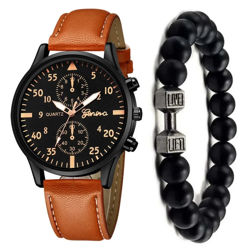 2PCS/Set Men Business Watches Fashion Arabic Dial Leather Band Mens Quartz Watch Bracelet Set Relogio Masculino