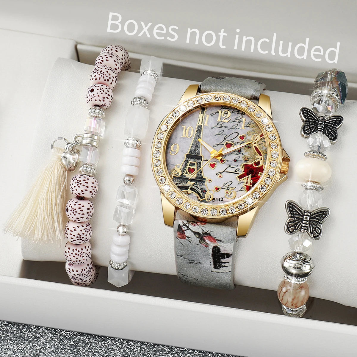 3/4/5PCS Fashion Rhinestone Women's Watch Flowers Printed Leather Quartz Watches
