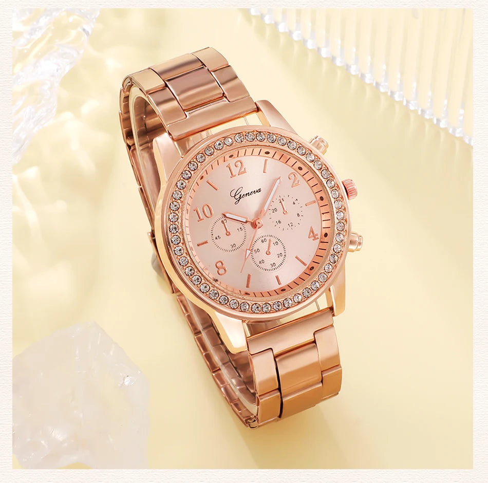 6PCS Set Rose Gold Luxury Watch Women Ring Necklace Earring Wristwatch Casual Ladies Bracelet
